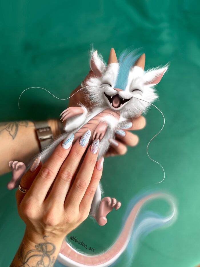 Little Dragon Haku And White Manicure With Turquoise Sparkles