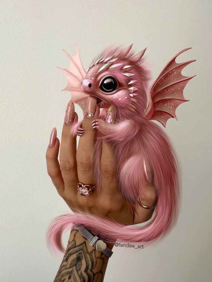 Pink Fluffy Dragon And Pink Nude Manicure