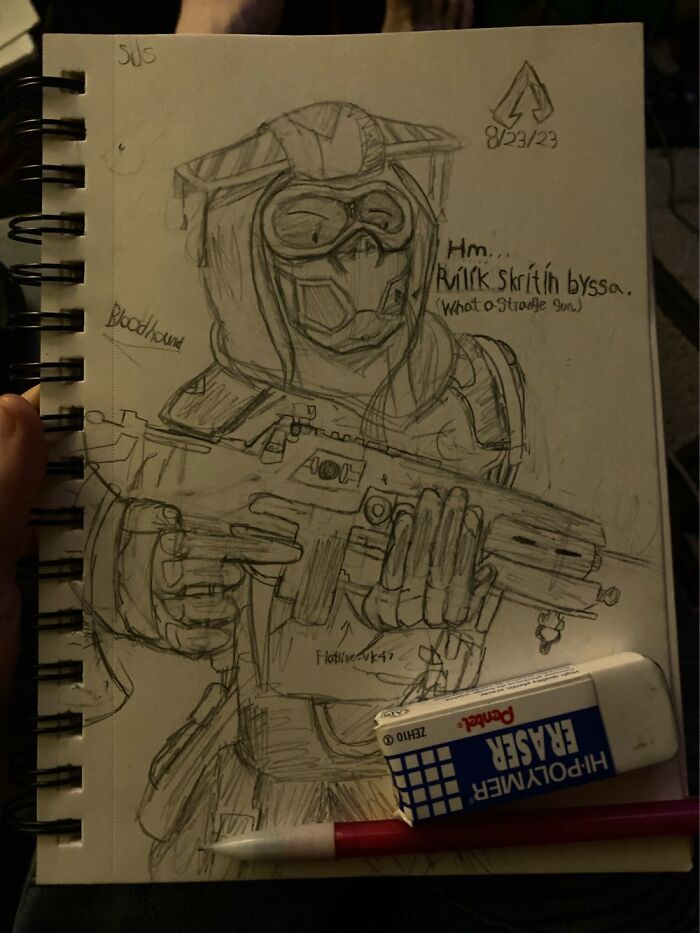 This Drawing Of A Game Character I Did. I Swear That Gun Took Hours To Do Lmao