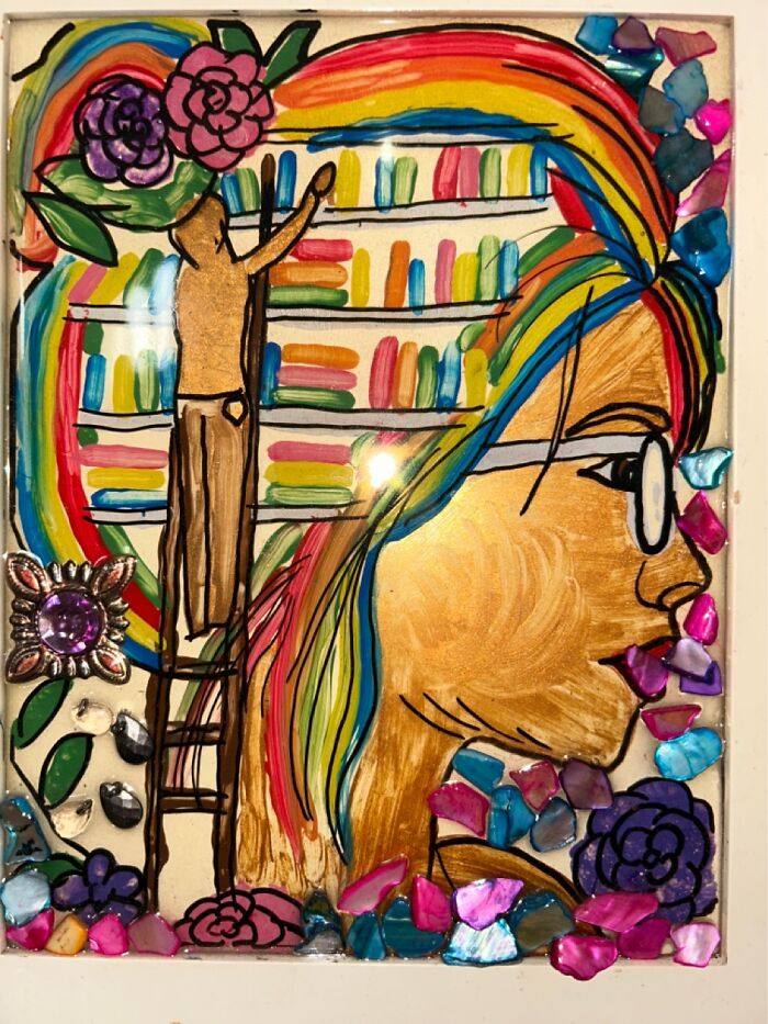 Acrylic On Glass With Stones. On Ended Up Falling On Her Mouth. I Felt It Was Appropriate!