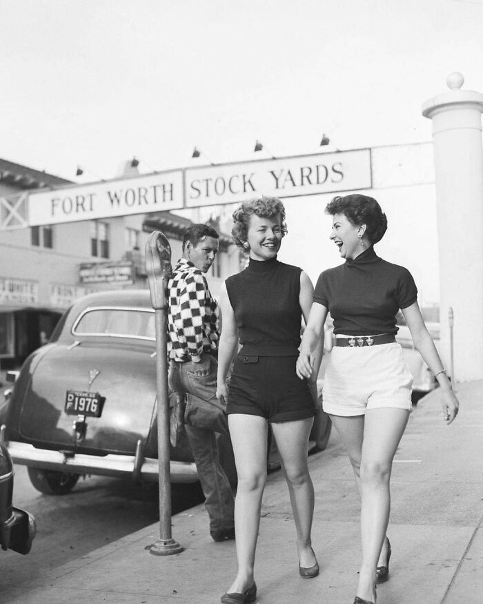 Two Women In Shorts And A Whistling Bystander In Fort Worth, Texas, 1952