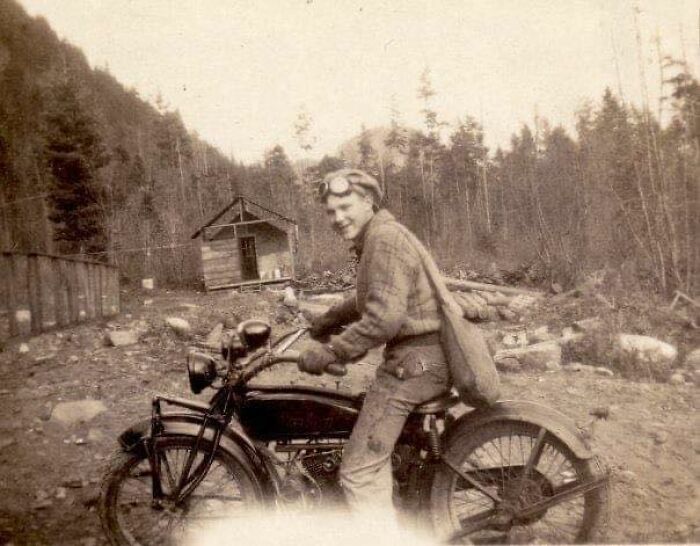 A Man On His Indian Scout Motorcycle, 1930