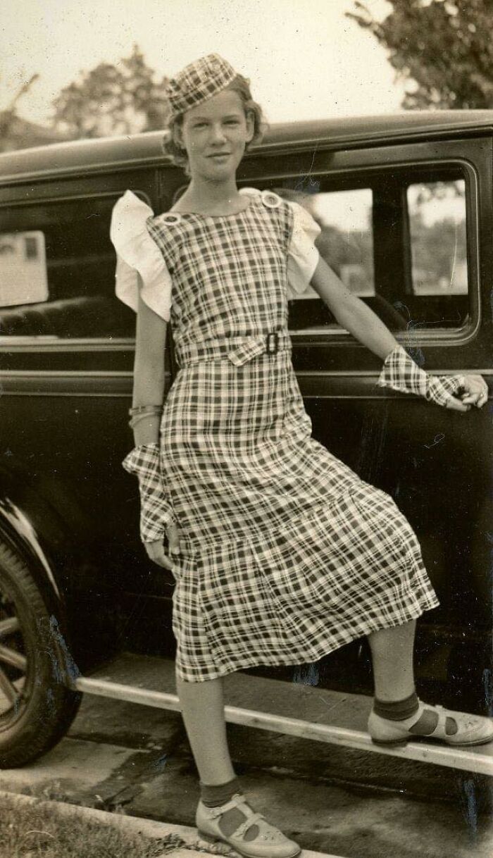 Young Stylish Teen Girl Posing Next To Her Family's Car, 1931