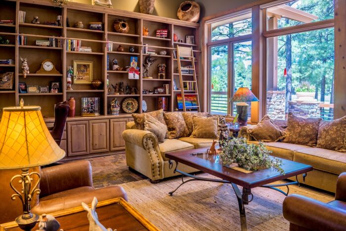 a maximalist living room with a bookshelf, sofa, and table a maximalist living room with a bookshelf, sofa, and table