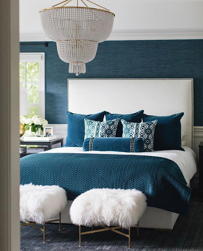 Cozy blue and white master bedroom 