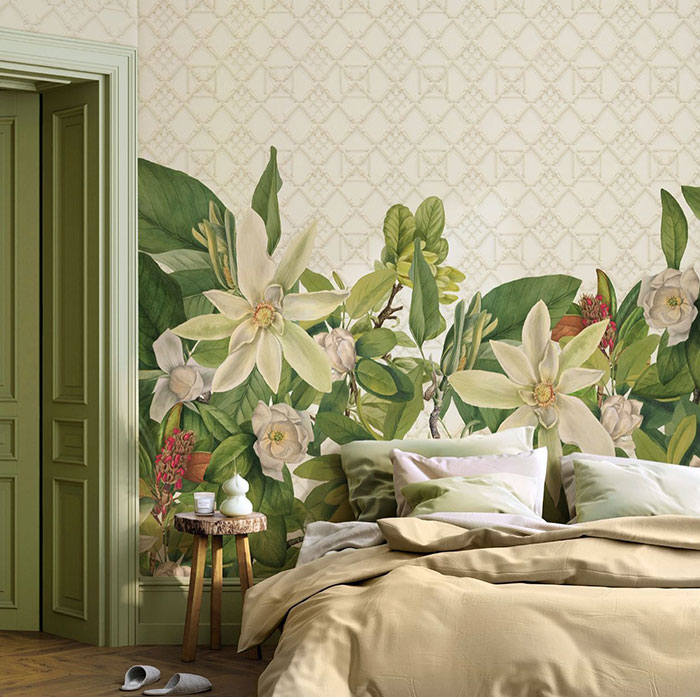 Floral wallpaper in a bright bedroom