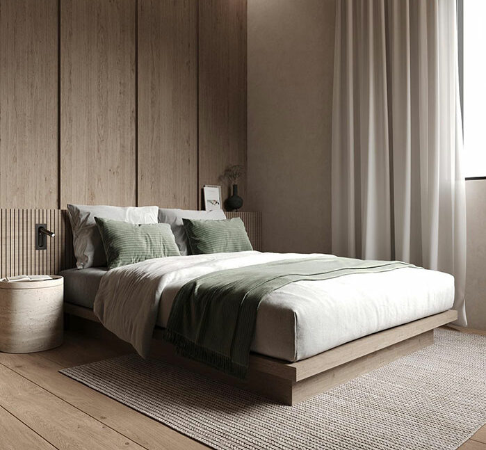 Minimalist master bedroom featuring wooden textures, neutral tones, and simple bedding with green accents and natural light. Minimalist master bedroom featuring wooden textures, neutral tones, and simple bedding with green accents and natural light.