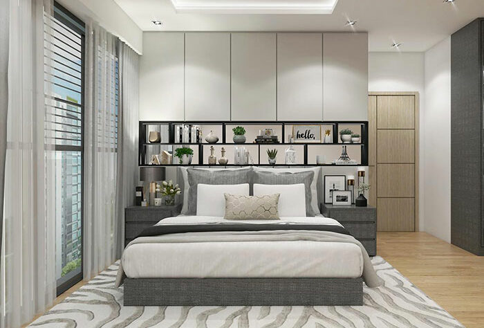 White and Grey bedroom with shelves