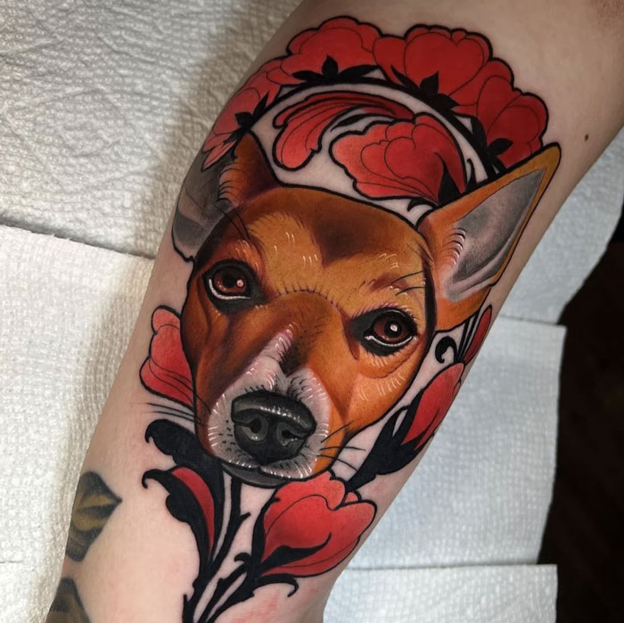 Colorful realistic Jack Russell Terrier memorial arm tattoo