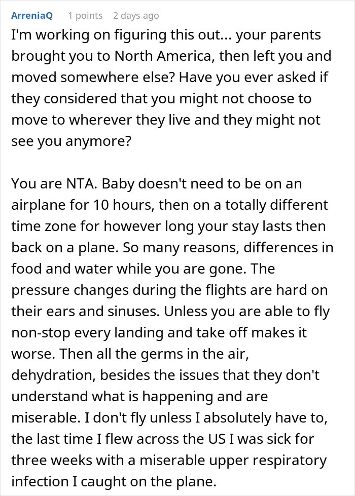 Woman Infuriates Her Parents By Not Going On A 10-Hour Flight So They Can See Their Grandbaby Woman Infuriates Her Parents By Not Going On A 10-Hour Flight So They Can See Their Grandbaby