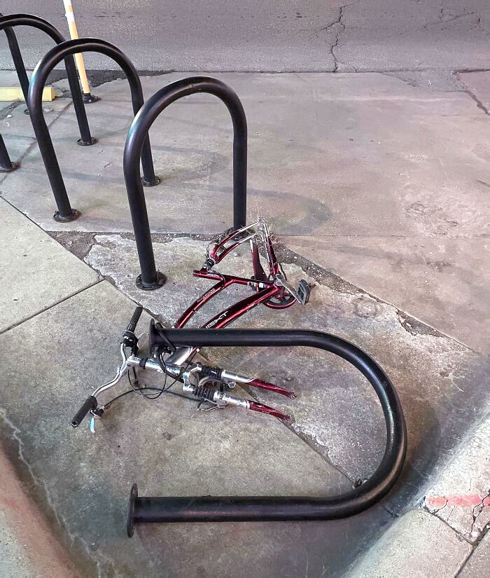 Somebody Unbolted The Whole Bike Rack In An Attempt To Steal My Bike. When The Lock Didn't Fit, They Just Stole The Tires Instead