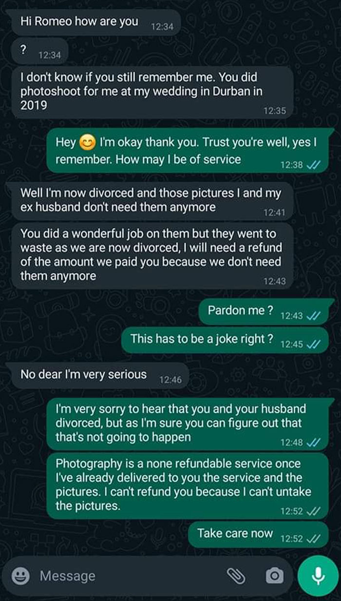 Lady Wants A Refund Because Of The Divorce