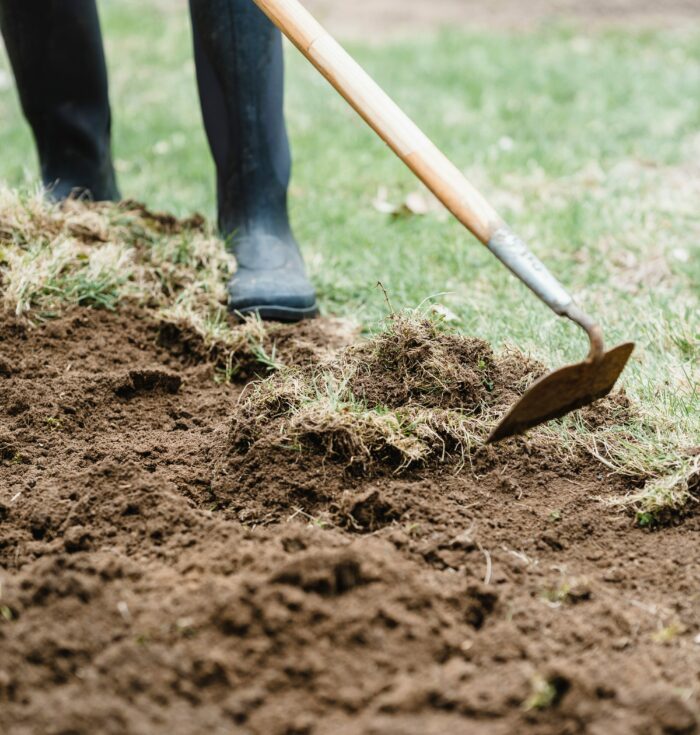 Farmer standing and loosening soil in countryside Farmer standing and loosening soil in countryside