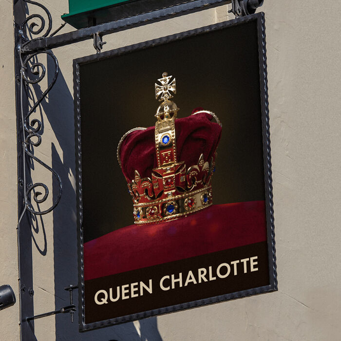 "The Queen Charlotte" pub sign, inspired by "Bridgerton"