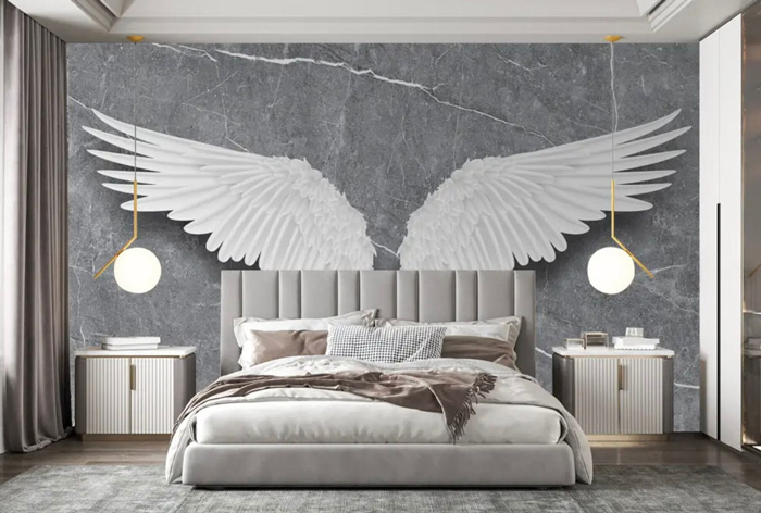 3d wallpaper with white angel wings in the bedroom