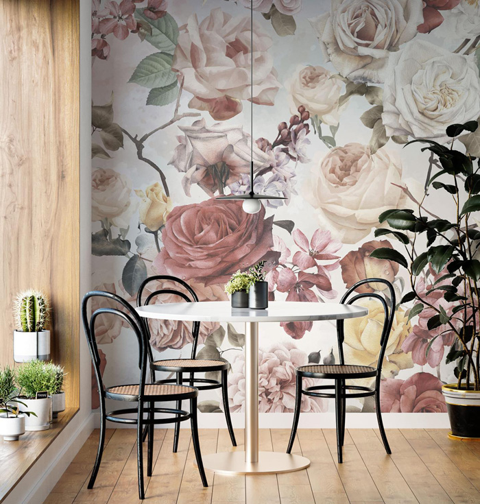 Dining room wallpapers with flowers on it 
