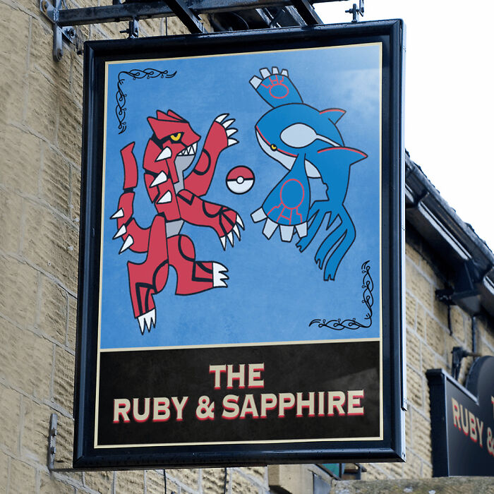 "The Ruby and Sapphire" pub sign, inspired by "Pokemon"