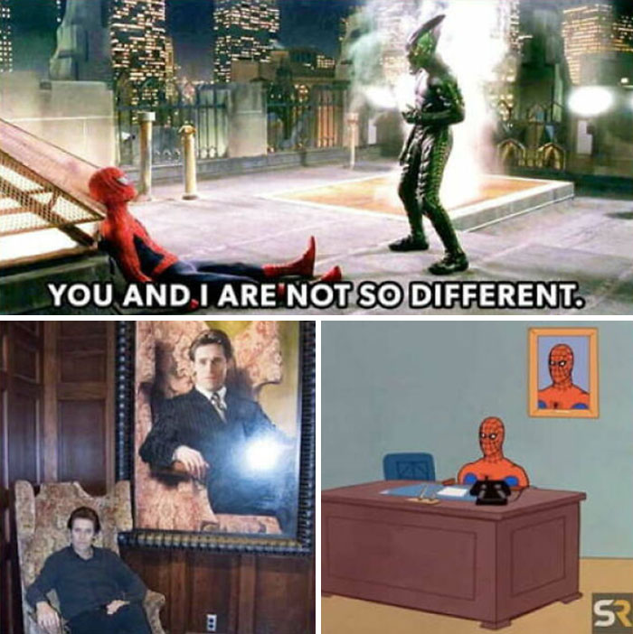 Spiderman memes collage with humorous scenes, including a rooftop confrontation and framed portraits.