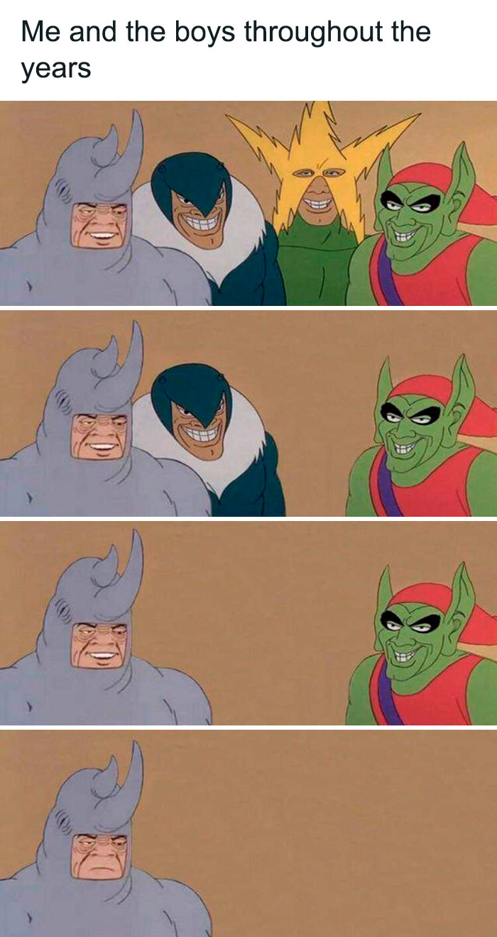 Villains in a classic Spider-Man meme displaying various emotions over time.