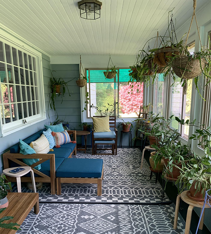 Bright sunroom filled with green plants 