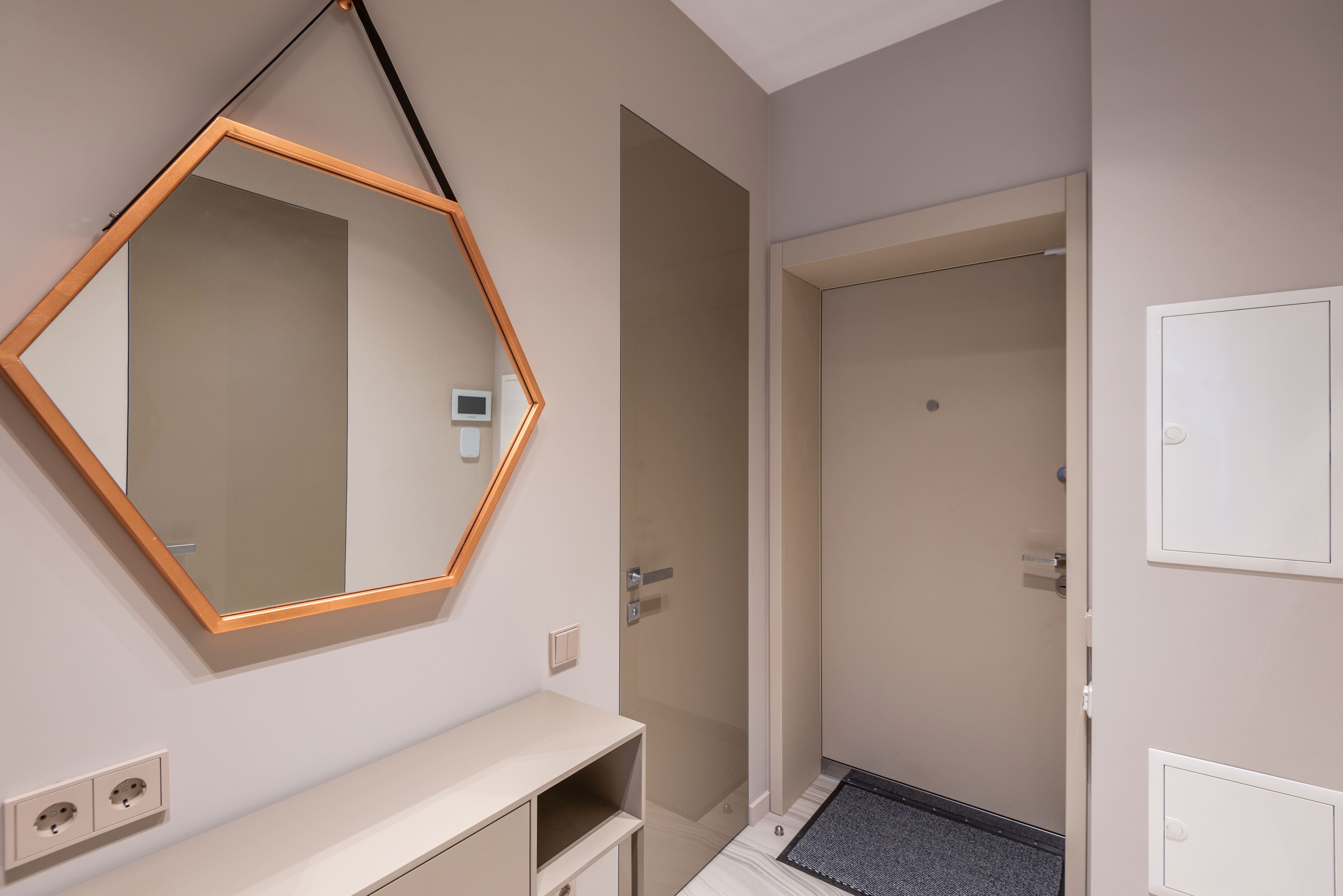 modern apartment hallway with creative mirror
