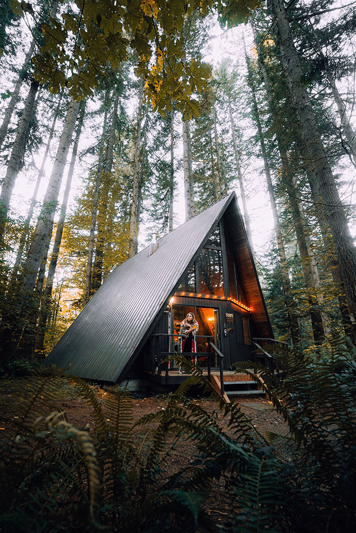 The A-frame house with light bulbs in the middle of the forest.