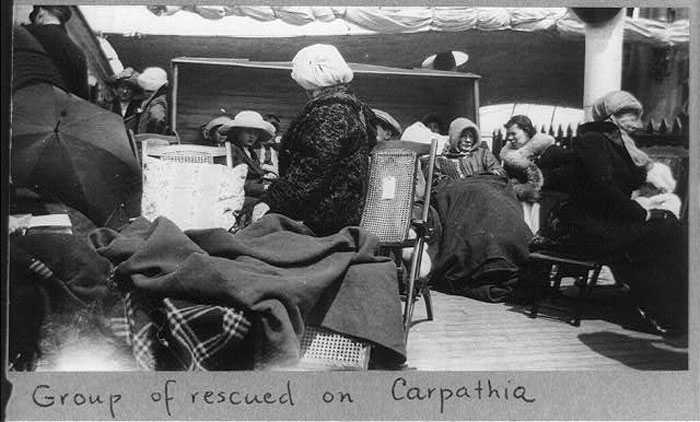Group of survivors of the Titanic disaster aboard the Carpathia after being rescued