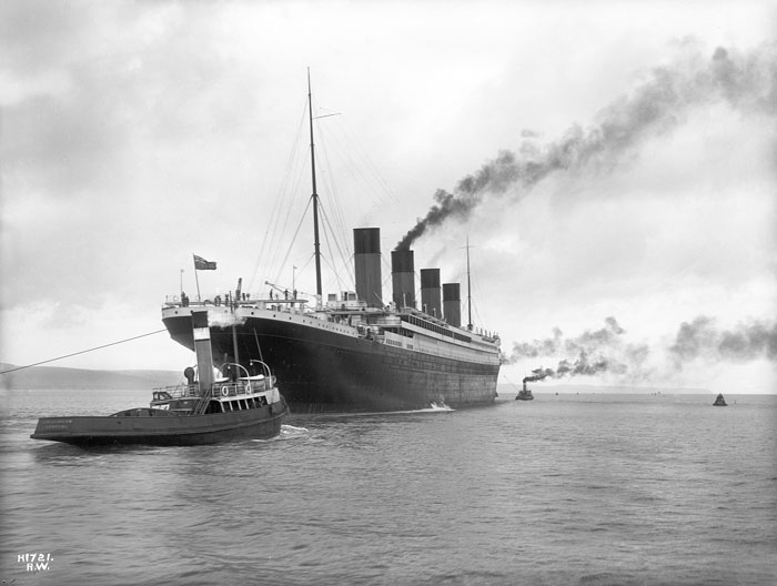 Titanic leaving Belfast with two guiding tugs visible on 2 April 1912