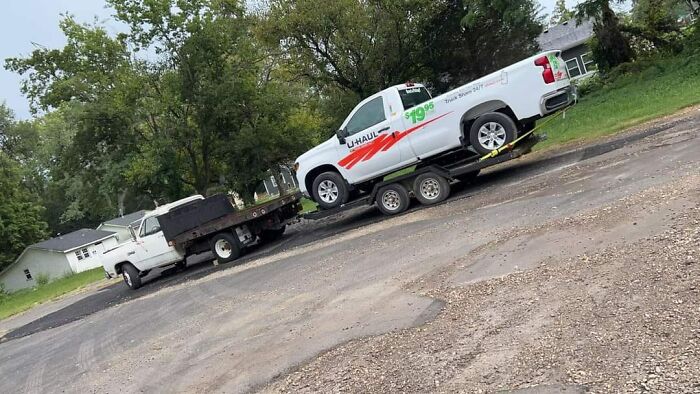 So A Guy Drove The Uhaul With The Trailer To Pick Up His New Project Truck Then Decided To Haul The Uhaul Back To Save On Mileage