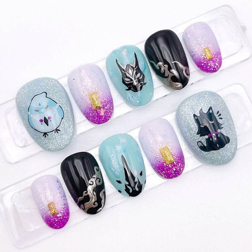 A Collection Of Honkai Starrail And Genshin Impact Inspired Jewelry, Nails, And Fanart Made By Geek Artists.