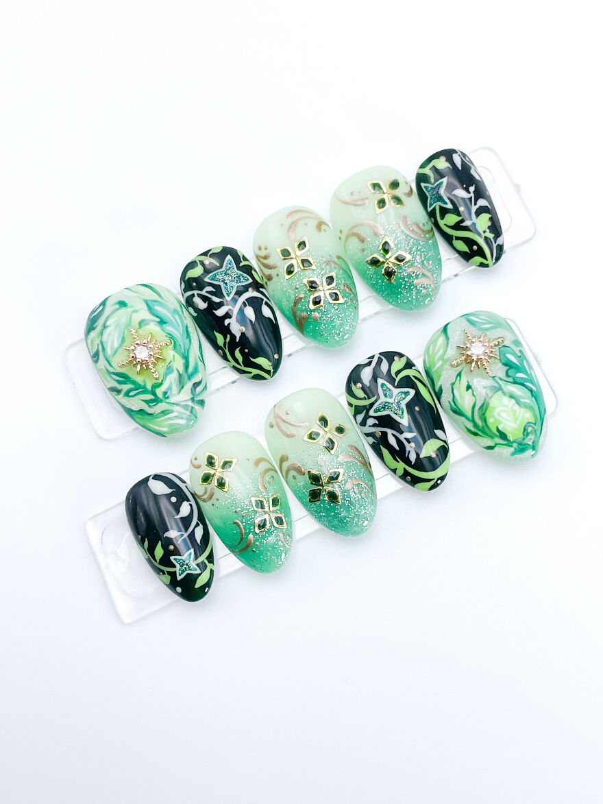 A Collection Of Honkai Starrail And Genshin Impact Inspired Jewelry, Nails, And Fanart Made By Geek Artists.