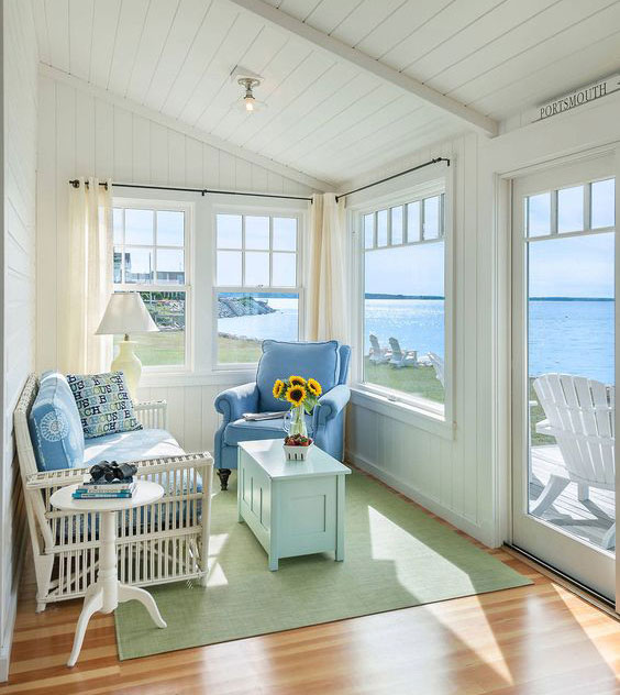 Beach Style Blue And White Sunroom 
