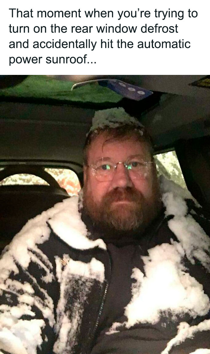 Man Covered in snow sitting in a car meme 