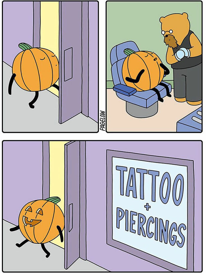 A comic about a pumpkin getting a tattoo