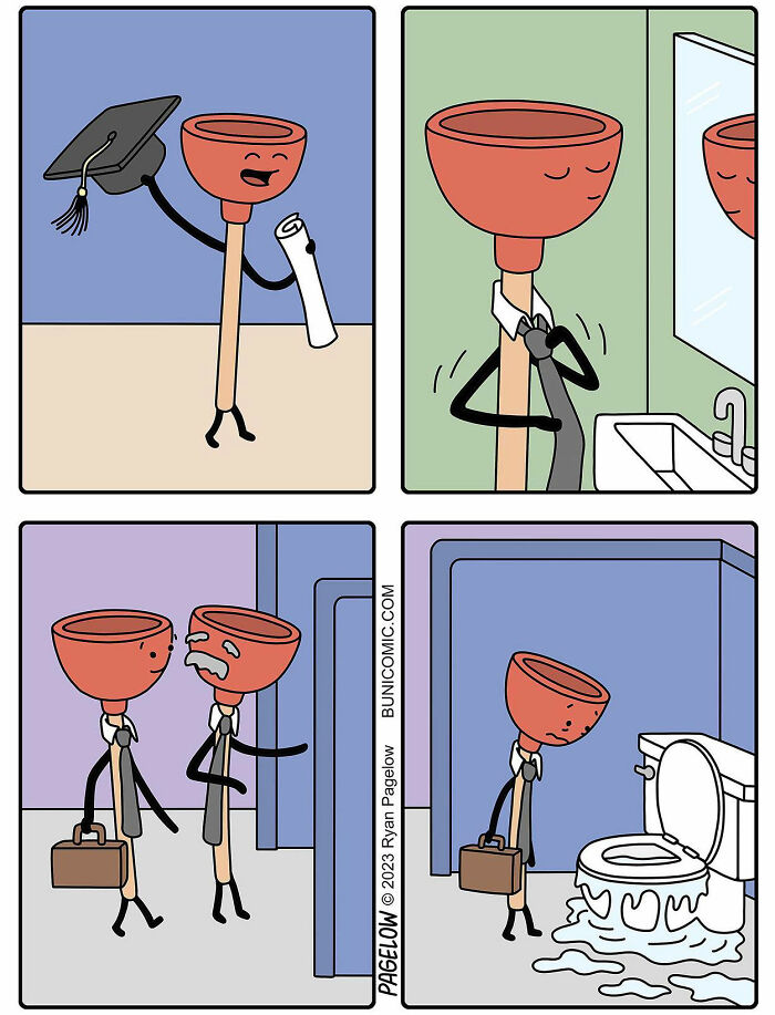 A comic about a plunger graduating and finding a job