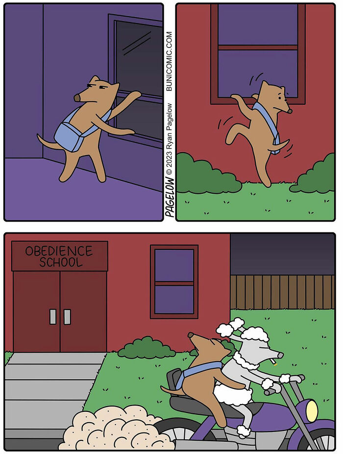 A comic about a dog escaping obedience school