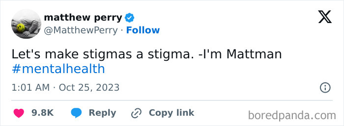 Matthew Perry tweet with Batman reference about stigma and mental health awareness. Matthew Perry tweet with Batman reference about stigma and mental health awareness.