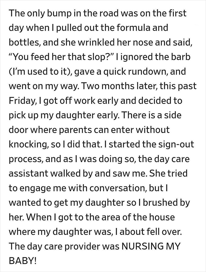 Mom Horrified After Catching Day Care Provider Breastfeeding Her Baby Mom Horrified After Catching Day Care Provider Breastfeeding Her Baby
