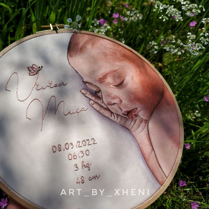 Baby Portrait, Interweaving Between Painting And Embroidery