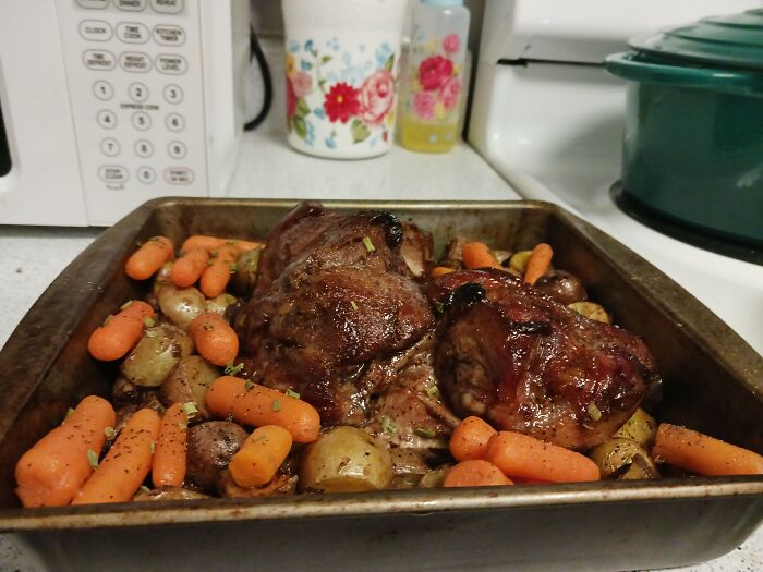Oven Roast With Brown Sugar Glaze, Baby Carrots, Golden Potatoes, Basil And Lemon Pepper Seasoning Made For My Mom On Mother's Day