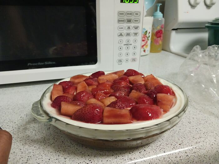 Fruit Pie, Butter Cookie Crust,cream Cheese, Apple Slices,strawberries With Jelly Glaze Over Fruit To Keep Preserved