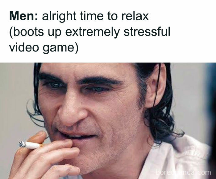 Man contemplating while holding a cigarette, with text about relaxing by playing a stressful video game.