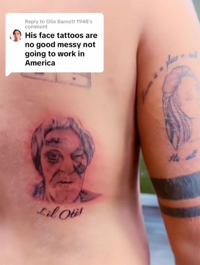 Tattoo depicting a comment troll on a person's back, highlighting viral TikTok trolling against bullies. Tattoo depicting a comment troll on a person's back, highlighting viral TikTok trolling against bullies.