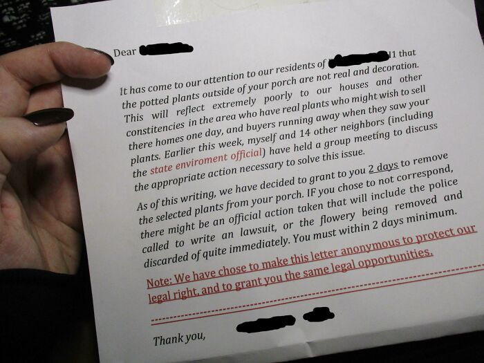 This Poorly Written Letter From My Passive Aggressive Neighbor Telling Me To Remove My 'Legally-Owned' Plants From My Property