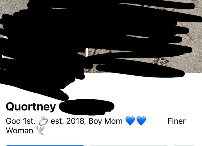 Profile with the name "Quortney," highlighting unique baby names and personal details like "est. 2018, Boy Mom."