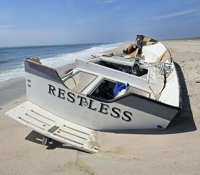 Abandoned Boat Wrecked Near The West End Of Jones Beach, New York
