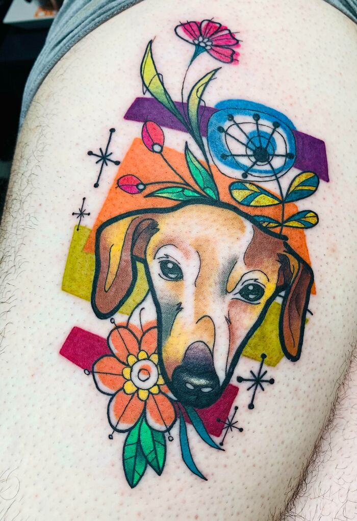 Mid century modern style colorful dog face tattoo