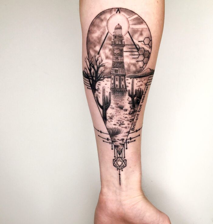lighthouse with cactuses memorial tattoo