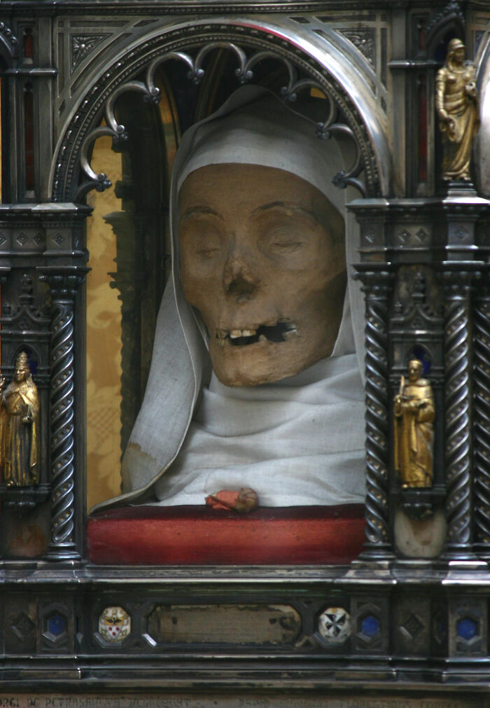 The Mummified Head Of Saint Catherine Of Siena (1347-1380) On Display At The Basilica Of San Domenico, Siena, Italy