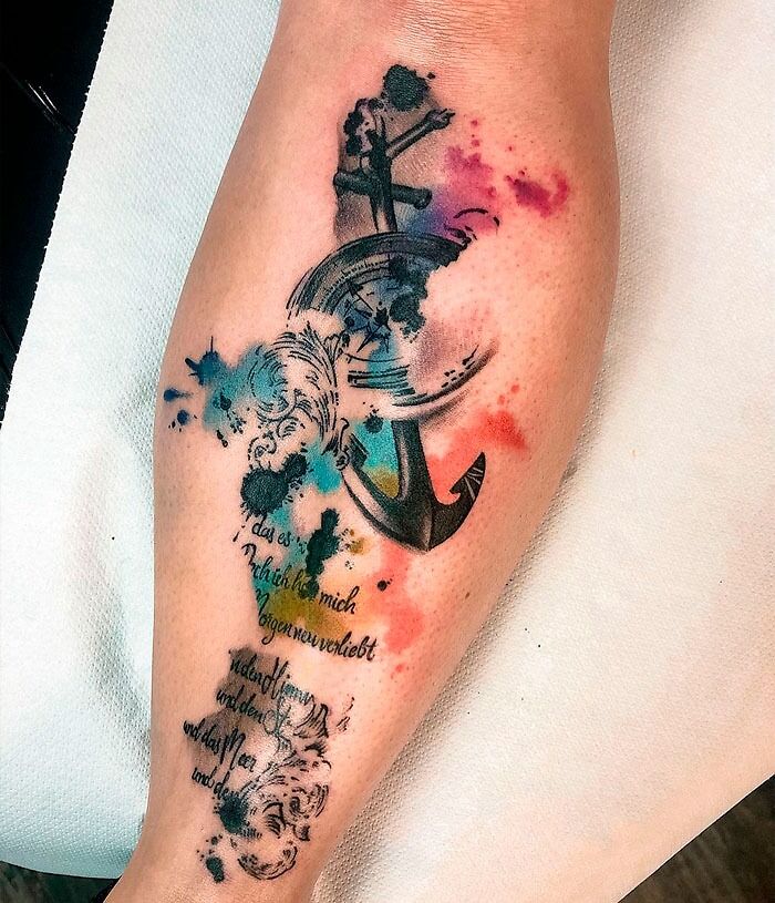 Watercolor anchor and script memorial tattoo